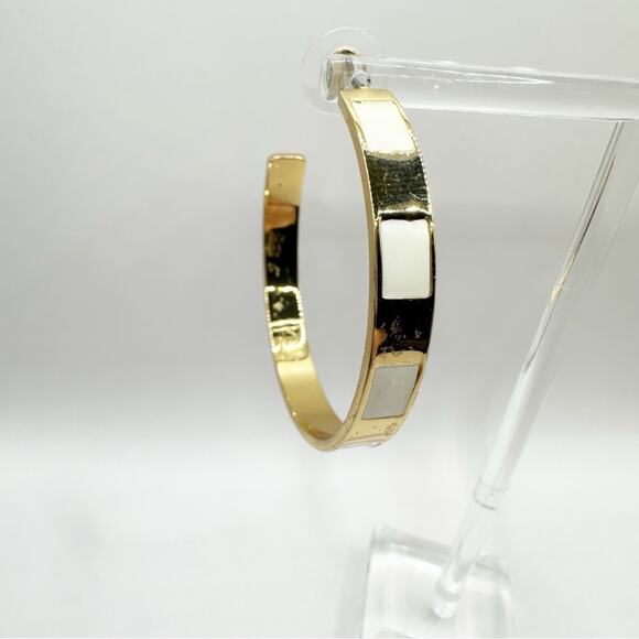 J Crew Gold White Striped Enamel Hoop Earrings Preppy Summer Casual - Picture 2 of 9